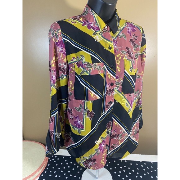 Multicolor Floral/striped Button Up Top With Pockets/button Sleeves Size XS - Picture 8 of 16